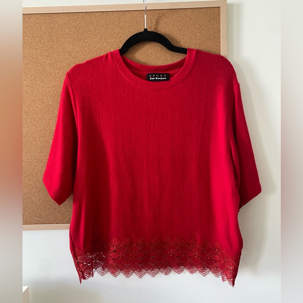 NWOT The Kooples Sport Red T Shirt with Lace Fringe Small